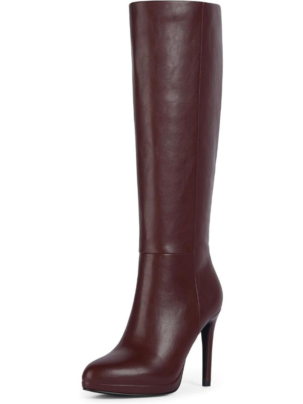Women's Burgundy Round Toe Stiletto Heels Fall Tall Platforms Boots Side Zipper